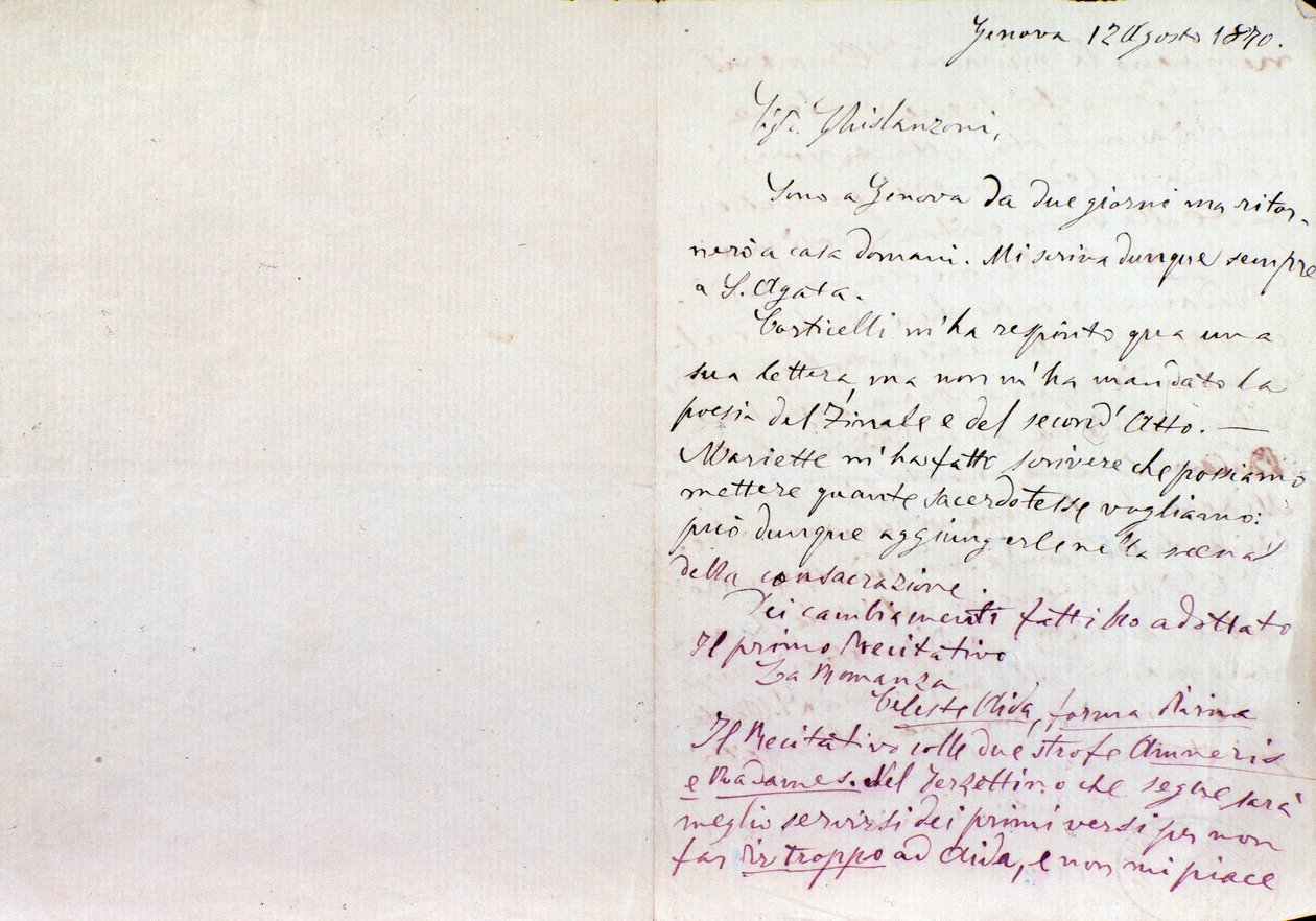 Handwritten Letter of Giuseppe Verdi to Aida Librettos Author Antonio Ghislanzoni by Giuseppe Verdi