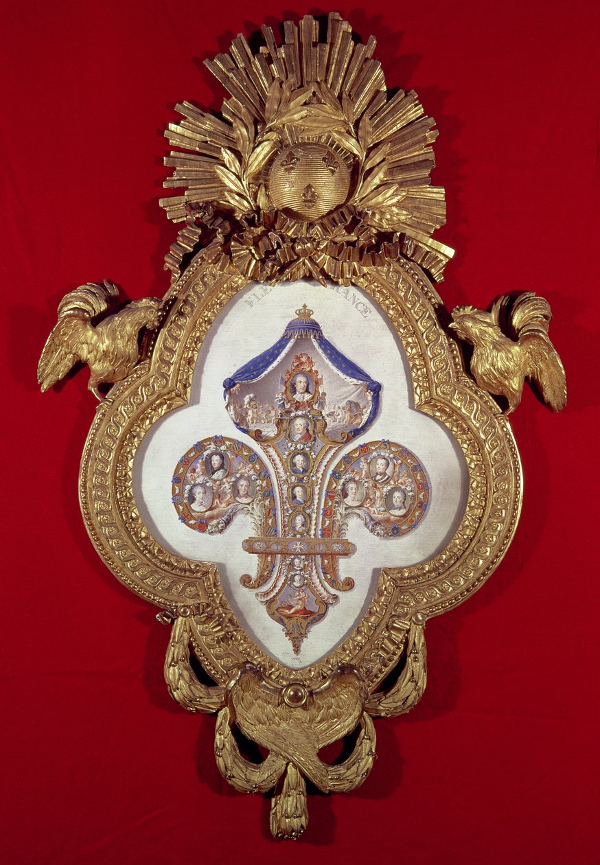 The Fleur de France, genealogical tree with thirteen portraits of Louis XV (1710-74) and his descendants in a fleur-de-lys shaped frame, 1765 by Glokeur de Surchamps