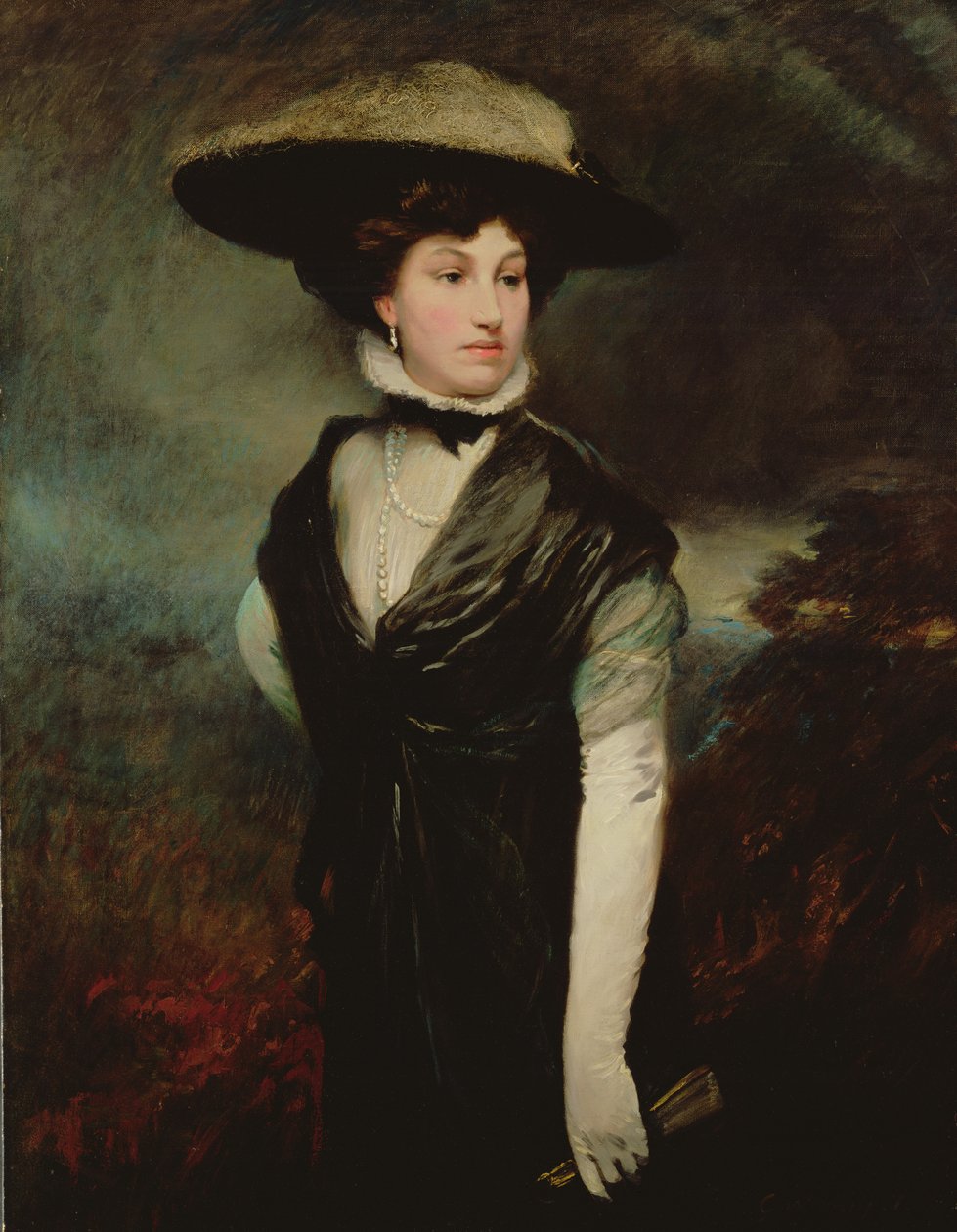 Portrait of Amy Bird, the Actress, Standing Three-Quarter Length, in Black, a Landscape Beyond by Glyn Warren Philpot