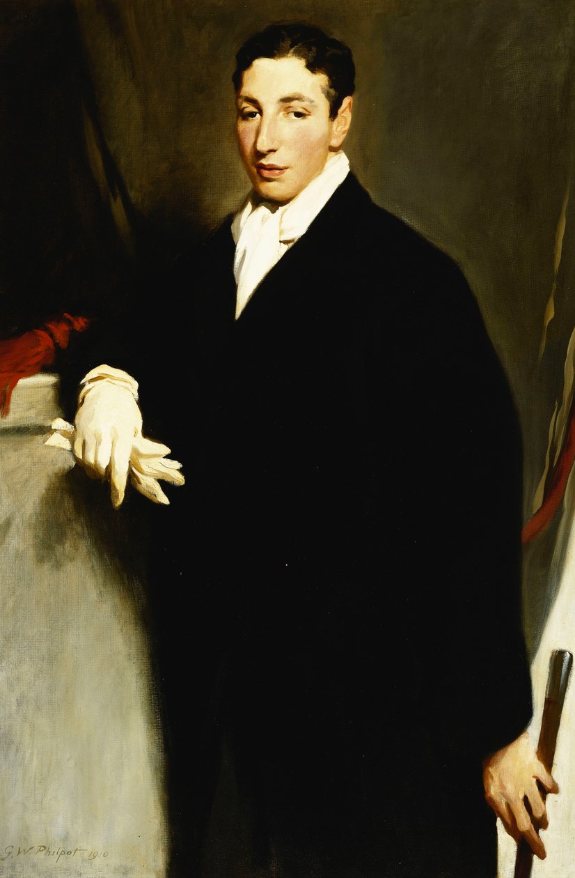 Portrait of Dennis Cohen, three-quarter length, Wearing a Black Coat and a White Glove and Holding a Cane by Glyn Warren Philpot