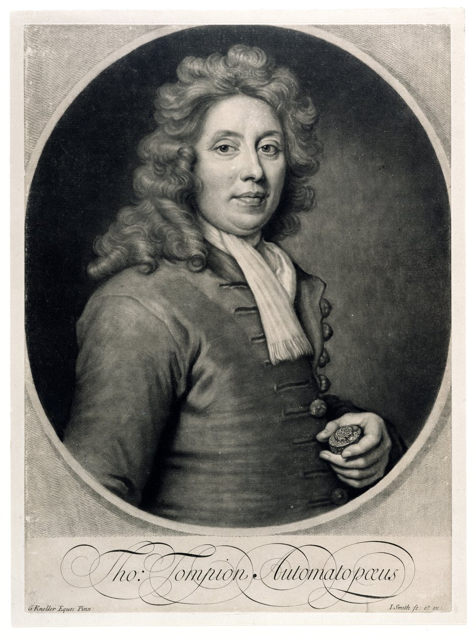 Portrait of Thomas Tompion (1639-1713) engraved by John Smith by Godfrey Kneller
