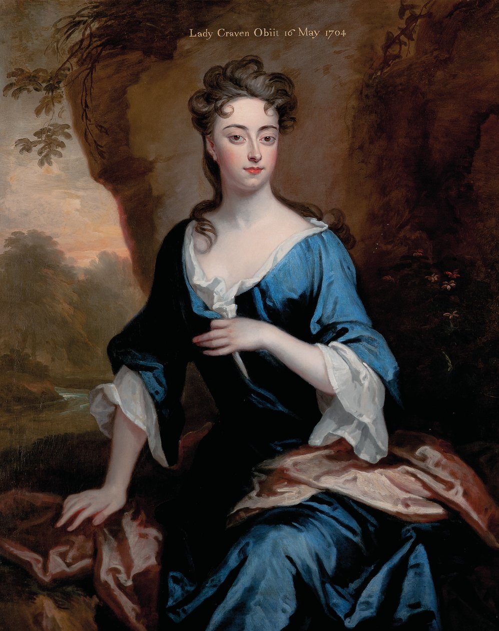 Portrait of Elizabeth Skipwith, Lady Craven, three-quarter-length, in a blue dress and red shawl, a wooded river landscape beyond, 1704 by Godfrey Kneller