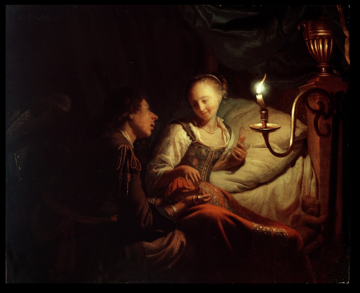 A Candlelight Scene: A Man Offering a Gold Chain and Coins to a Girl Seated on a Bed by Godfried Schalcken