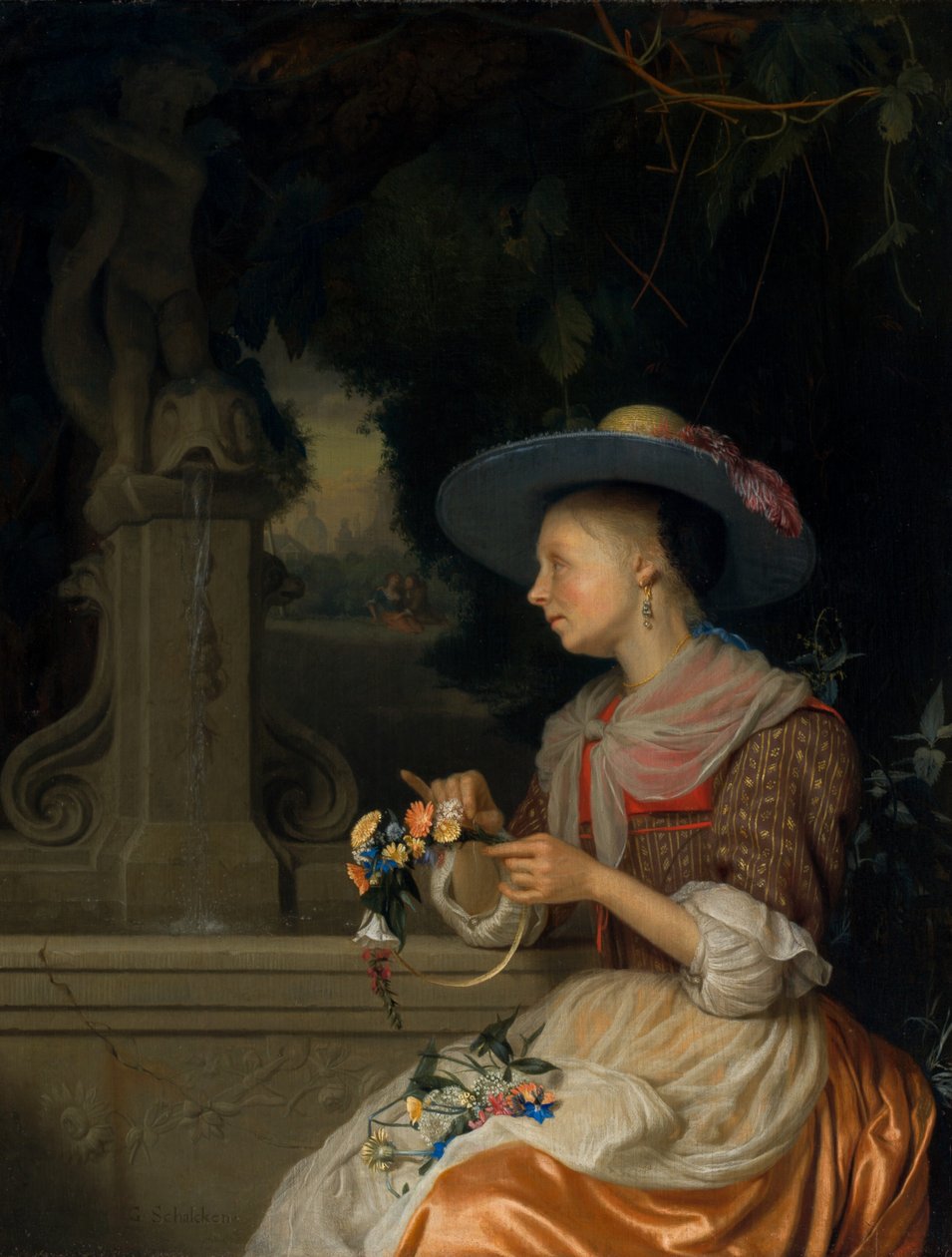 Woman Weaving a Crown of Flowers, c. 1675-1680 by Godfried Schalcken