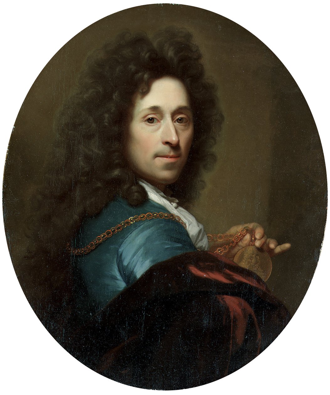 Portrait of the Artist in a Blue Coat and Brown Velvet Cape, with a Medallion of the Elector Palatine, Johann Wilhelm by Godfried Schalcken