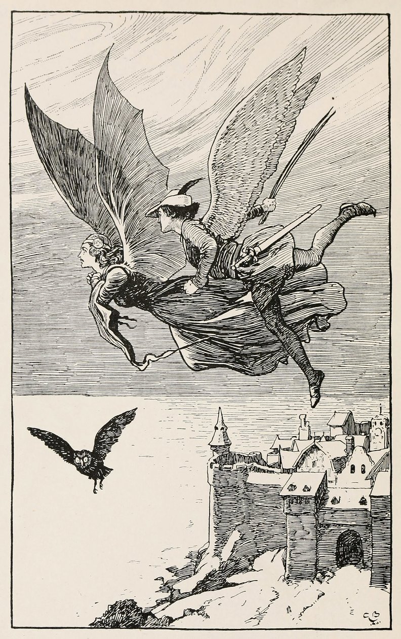 The travelling companion flew behind her, from Fairy Tales from Hans Anderson, pub 1919 by Gordon Frederick Browne