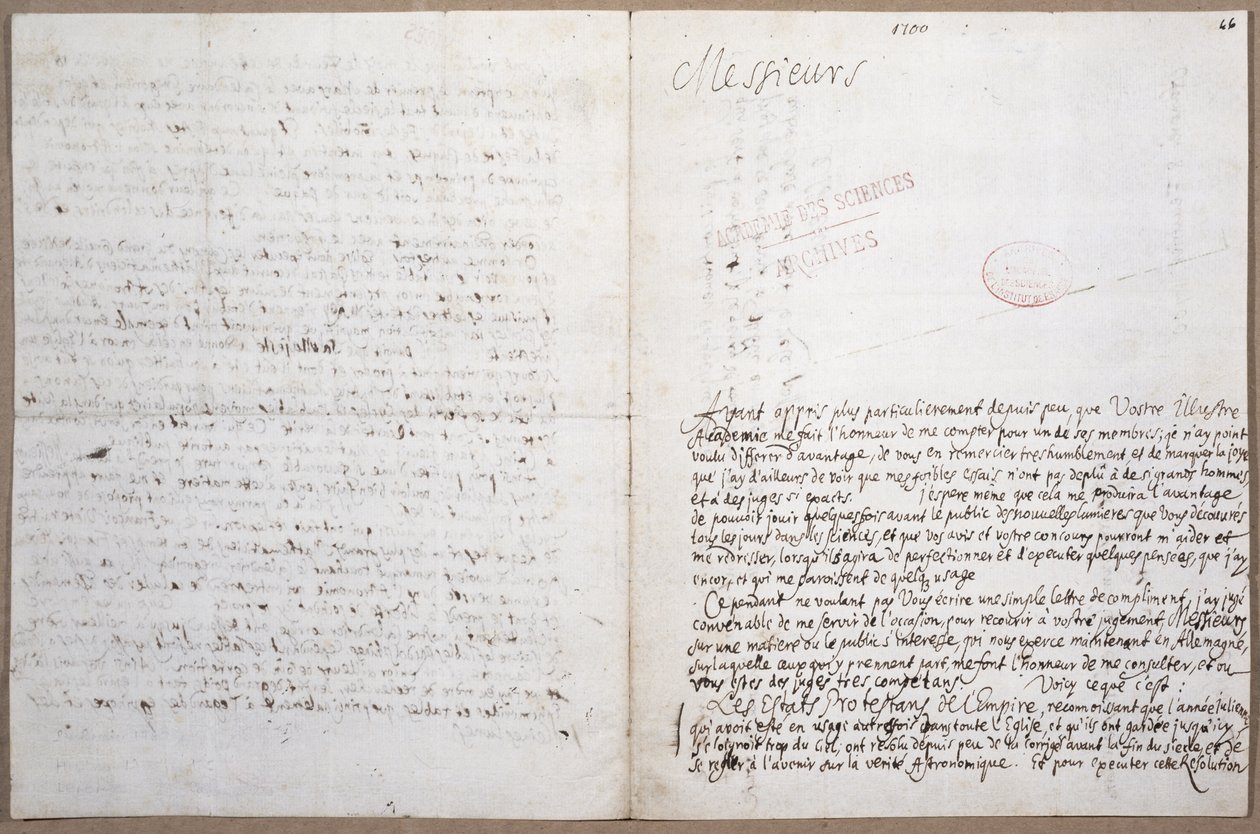 First page of a letter written by Leibniz on his admission to the Academie des Sciences in Paris by Gottfried Wilhelm Leibniz