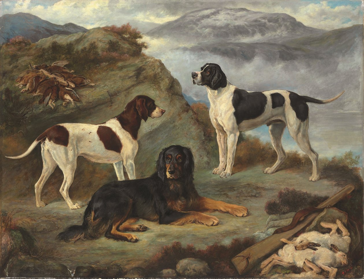Sherry, Ranger and Glen, three gundogs in a landscape by Gourlay Steell