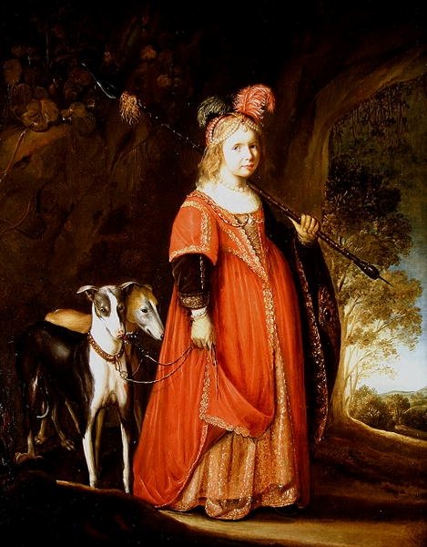 Portrait of a young girl as Diana, in a glade with two greyhounds by Govaert Flinck