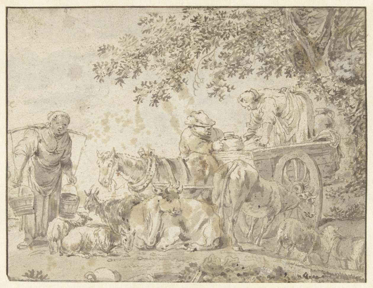 Farmers and Cattle by a Farm Wagon by Govert Dircksz. Camphuysen (possibly)