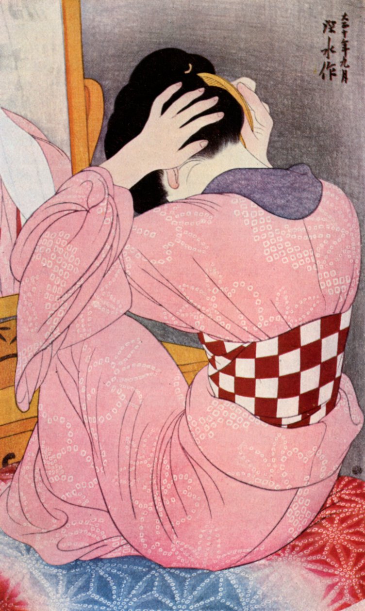 A Japanese Woman Dressing Her Hair by Goyo Hashiguchi