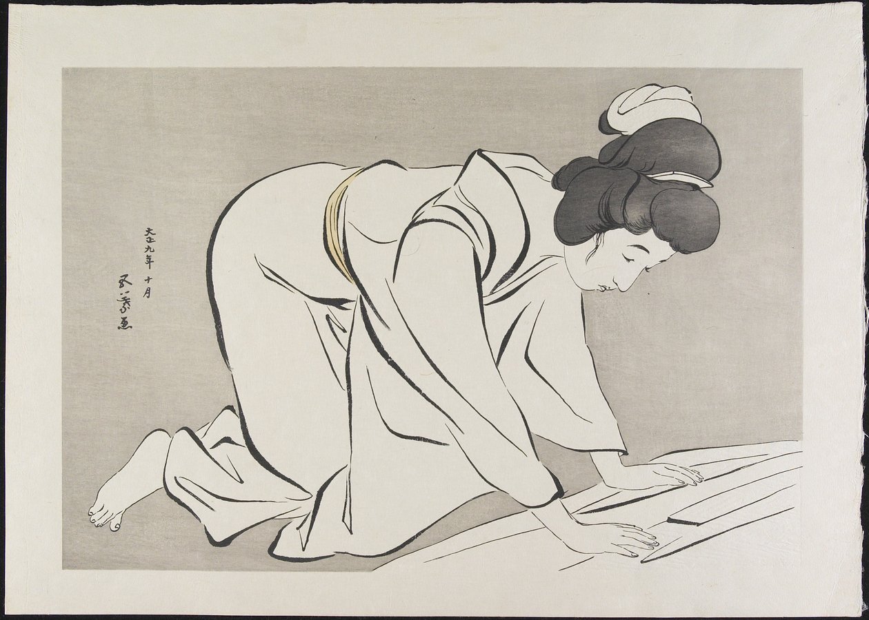 Woman Folding Kimono by Goyo Hashiguchi