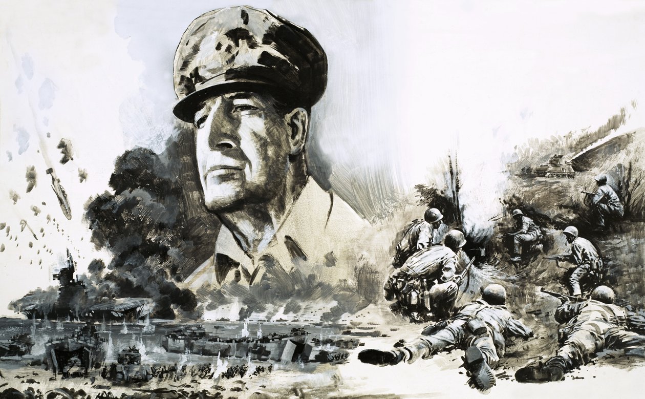 Douglas MacArthur with D-Day Landing Scenes by Graham Coton