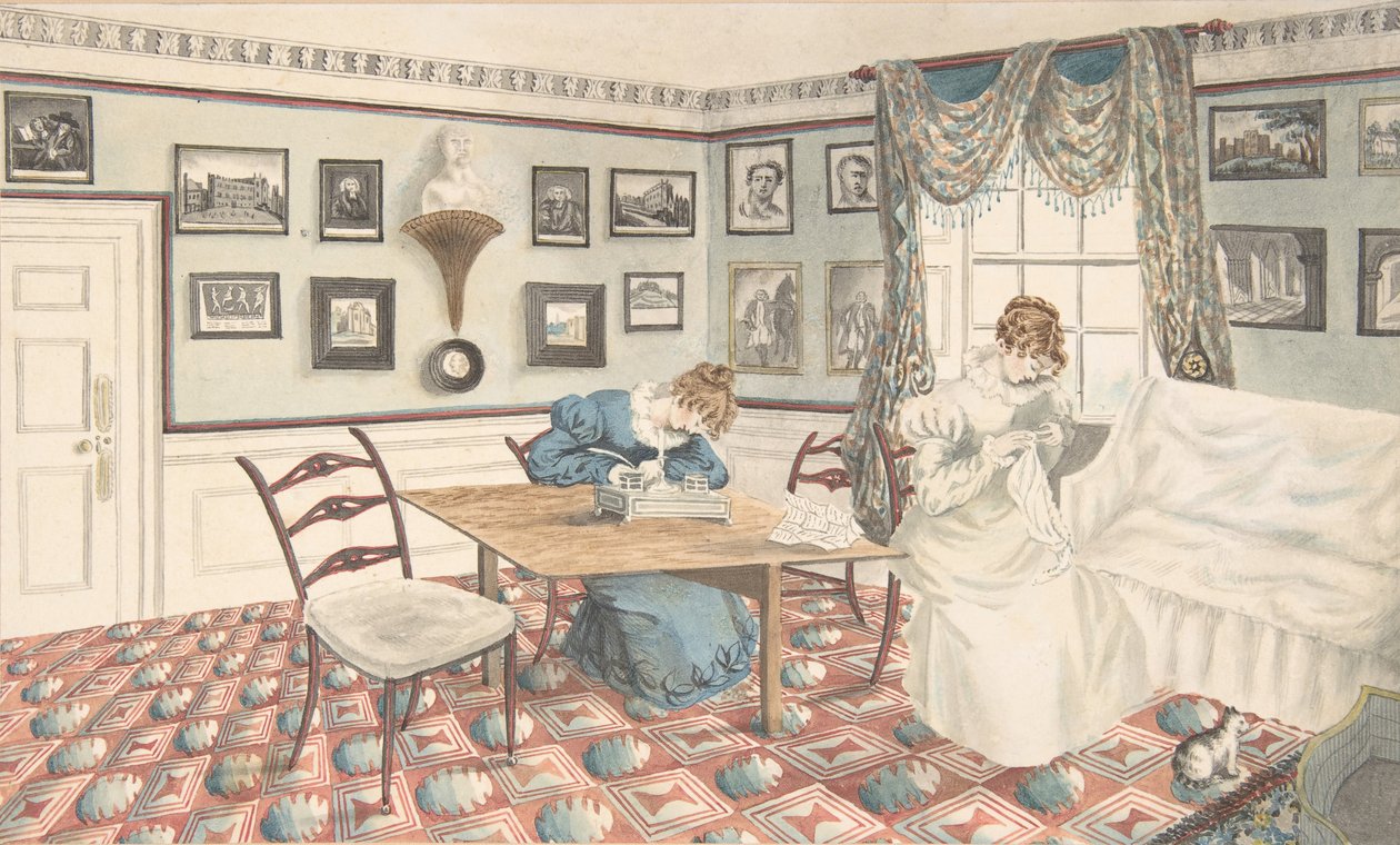 Two young women writing and sewing in an interior at Hatton, Warwickshire by Granddaughters of Dr. Samuel Parr.
