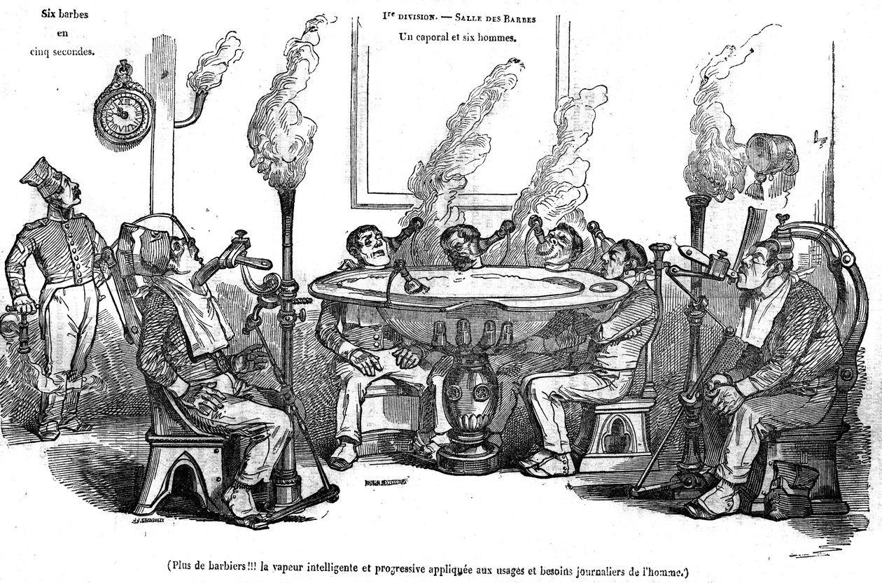 Cartoon of Grandville depicting a corporal and his men in the Salle des Barbes sitting with a steam machine shaving them without the help of a barber. In 