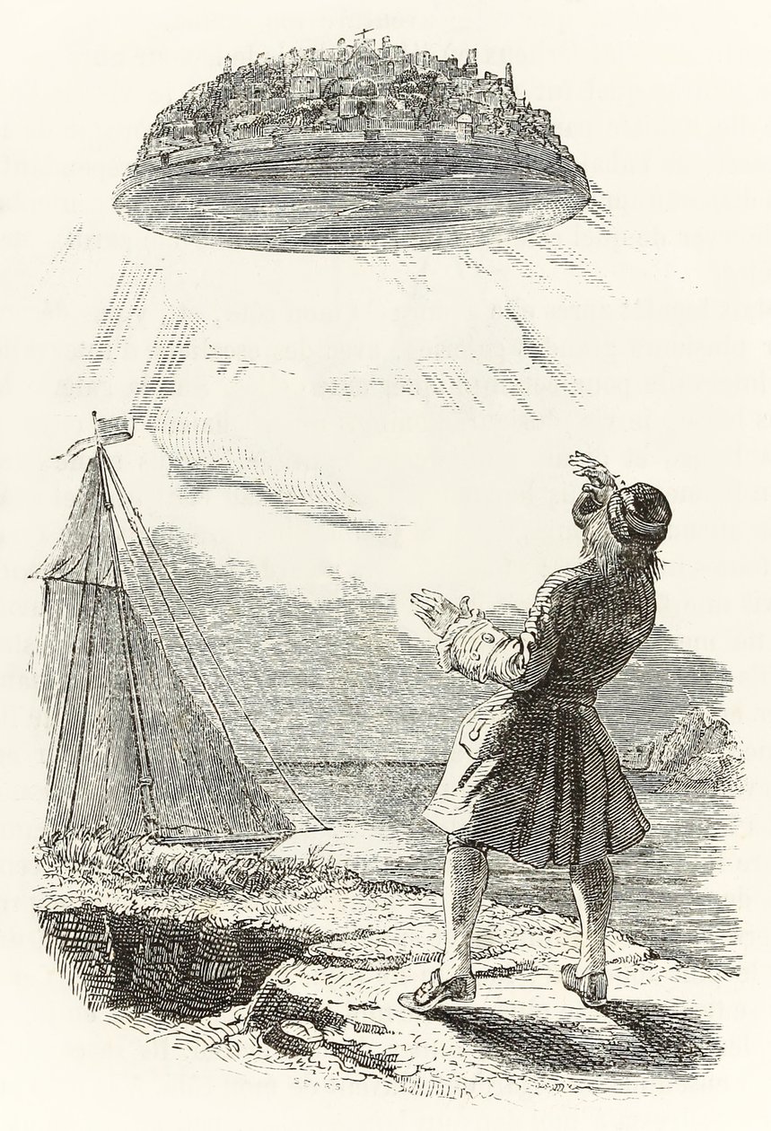 Gulliver sees the flying island Laputa for the first time, from 