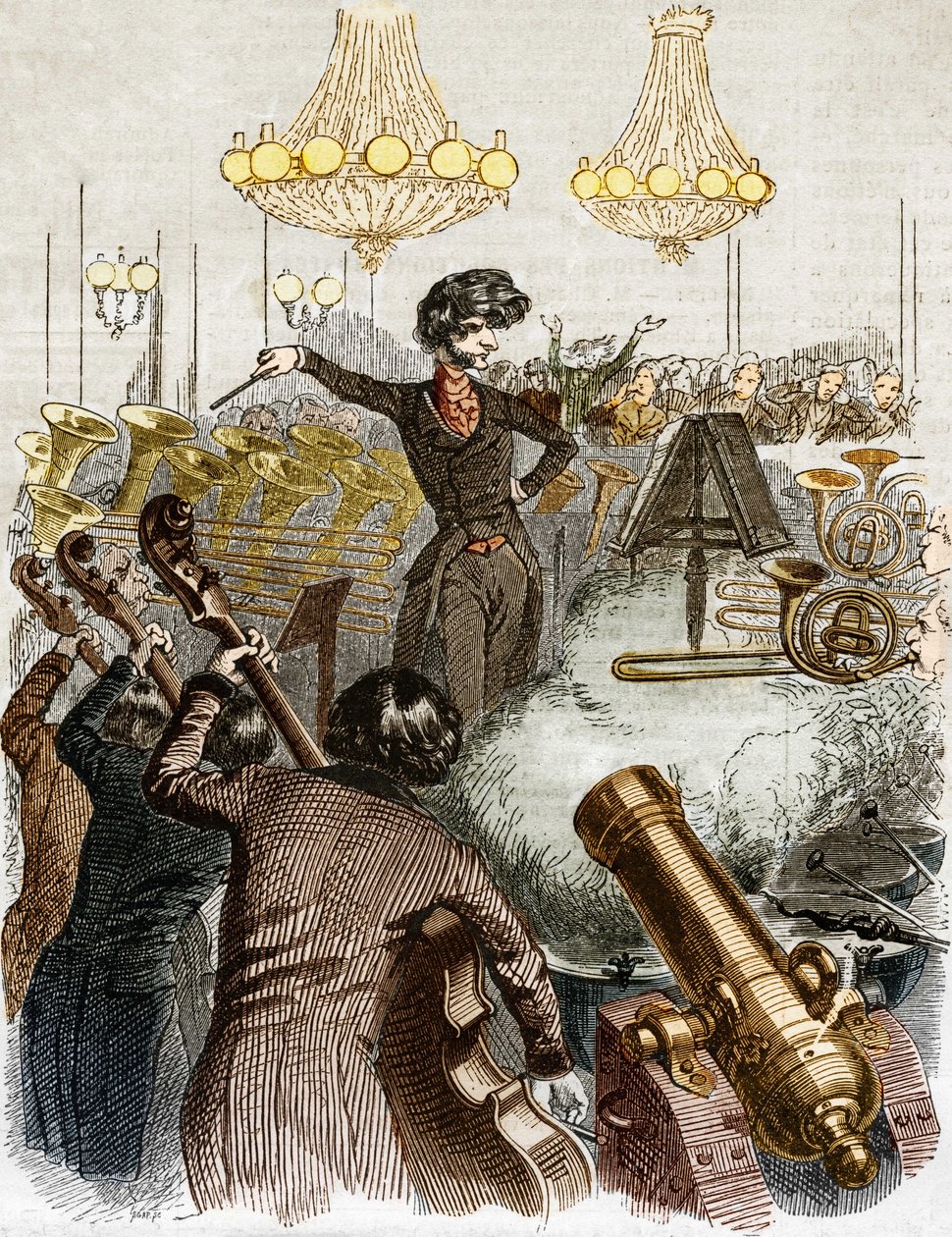 A concert has a machine gun. Cartoon by Hector Berlioz conducting an orchestra. In 