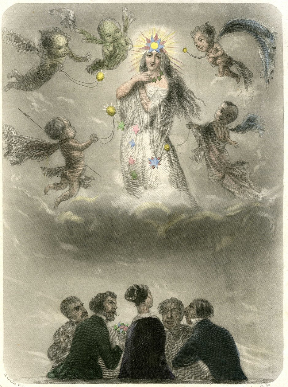 Allegory of a young woman surrounded by 4 suitors, who compares herself to a planet around which four satellites gravitate, one of which will become her sun. Grandville engraving illustrating a chapter in Mery