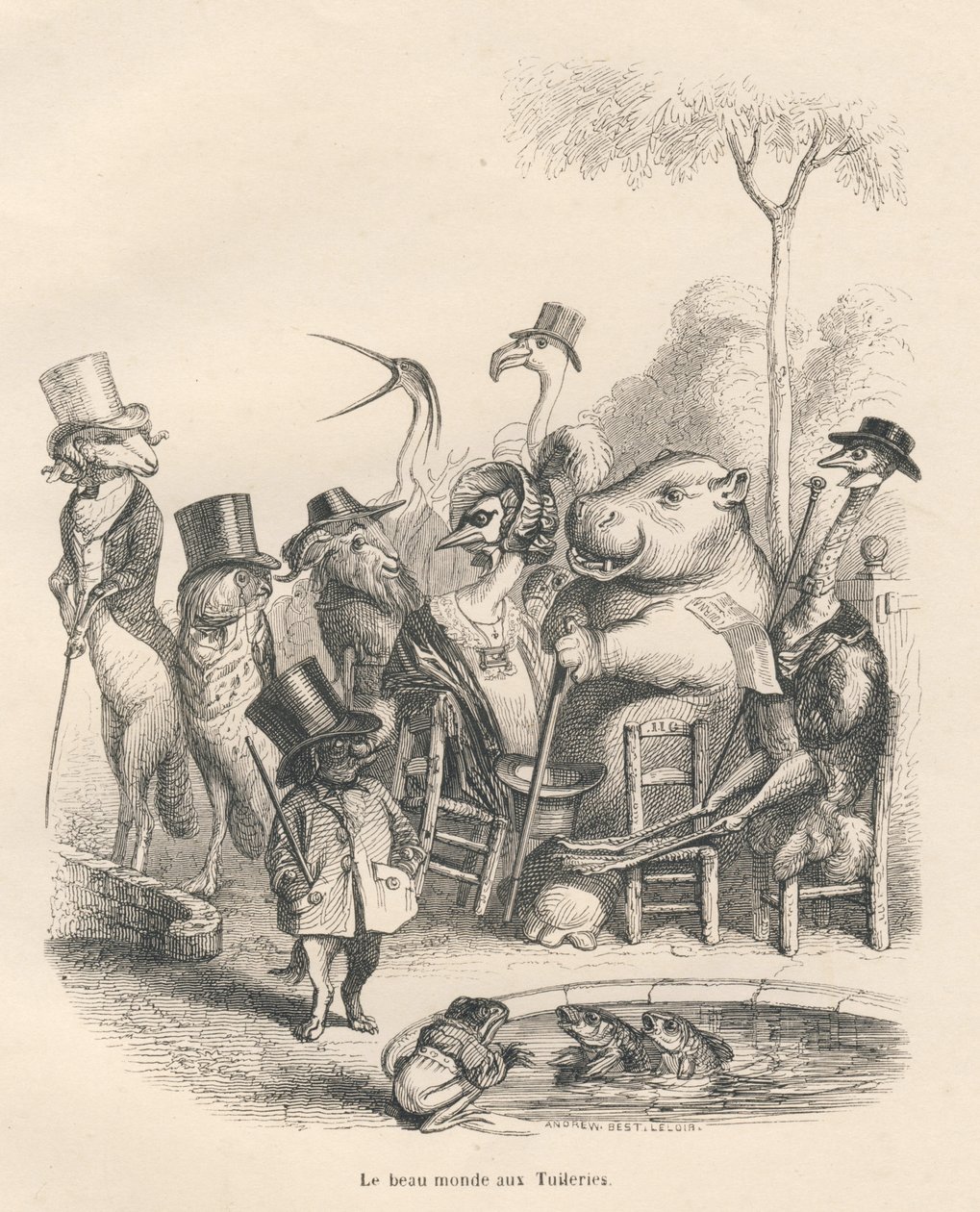 Animals in Elegant Outfits Walking in the Tuileries. Illustrated Vignettes by JJ Granville. Engraving Signed by Andrew, Best, and Leloir in the Section 