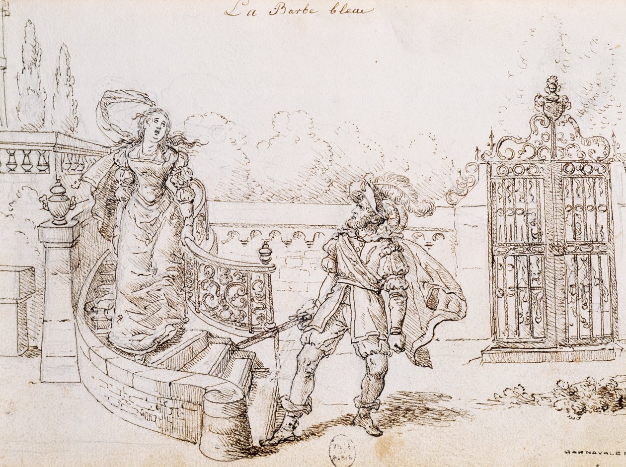 Bluebeard, illustration for fairy tale by Charles Perrault, engraving by Grandville by Grandville