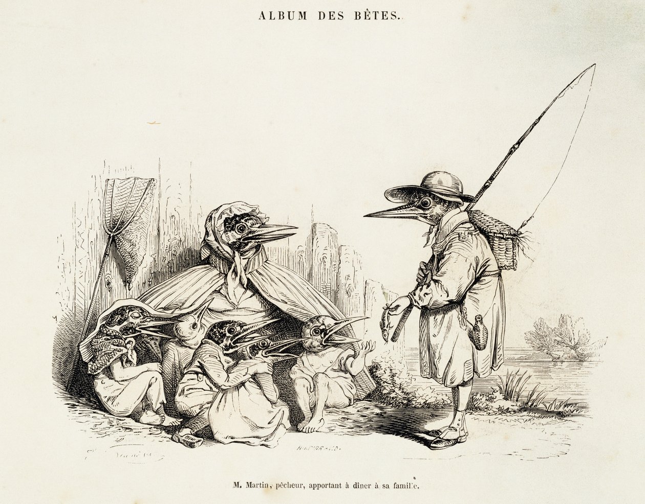 Caricature of birds from Album des betes by Jean-Ignace-Isidore Gerard, known by pseudonym Jean-Jacques or J. J. Grandville, and Wilhelm von Kaulbach by Grandville