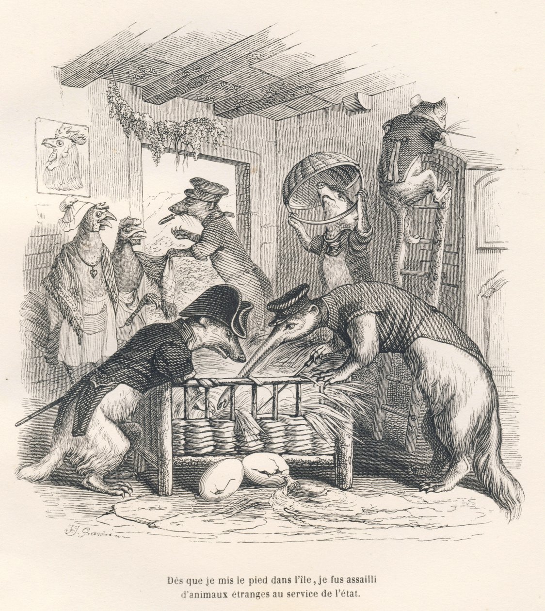 As Soon as I Set Foot on the Island, I Was Attacked by Strange Animals in the Service of the State. Illustrated Vignettes by JJ Granville. Engraving Signed Porret in the Section Titled 