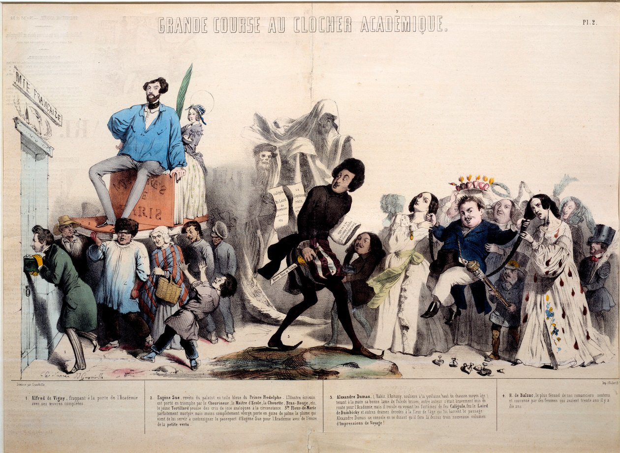 Great Race to the Academical Bell Tower. The Writers Alfred de Vigny, Eugene Sue, Alexandre Dumas, and Honore de Balzac are Recognized. Engraving by Gerard Grandville by Grandville