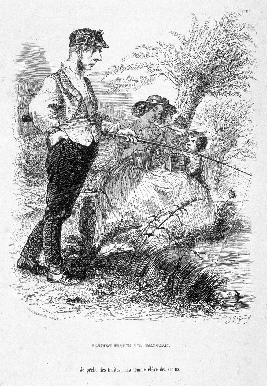 Jérôme Paturot giving up his ideas of greatness, fishing while his wife takes care of their child. Cartoon In 