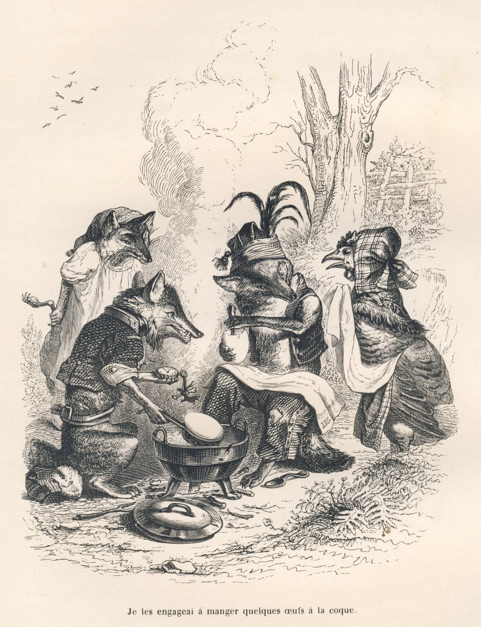 Foxes Eating Eggs in Front of a Crying Hen. Illustrated Vignettes by JJ Granville. Engraving Signed Godard in the Section Titled 