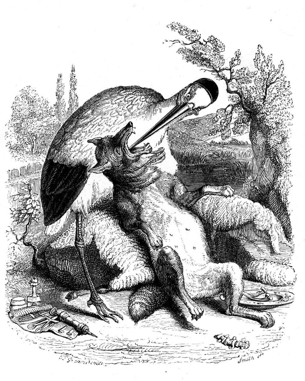 The Wolf and the Stork: La Fontaine Fable Illustrated by Grandville. Edition Garnier 1860. The Stork is Represented as a Doctor by Grandville (1803 47)