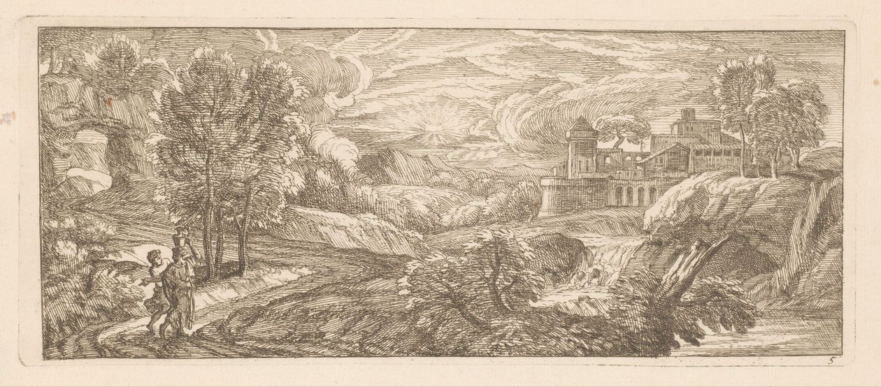 River Landscape with Two Walking Figures (series title: River Landscapes) by Gérard Audran