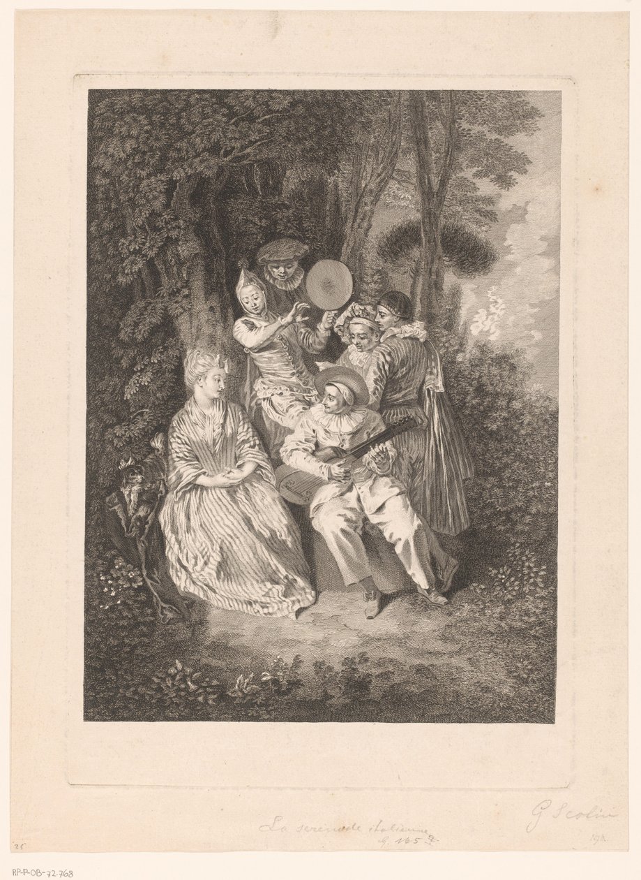 Park Landscape with Theater Figures Serenading a Lady (Prints after Antoine Watteau) by Gérard Jean Baptiste Scotin (II)