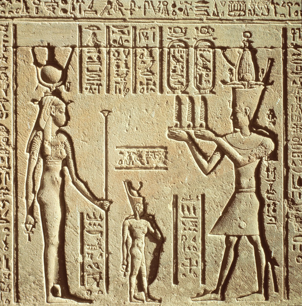 Relief depicting a pharaoh making an offering to Hathor, from the Roman Birth House, or Mammisi by Greco Roman