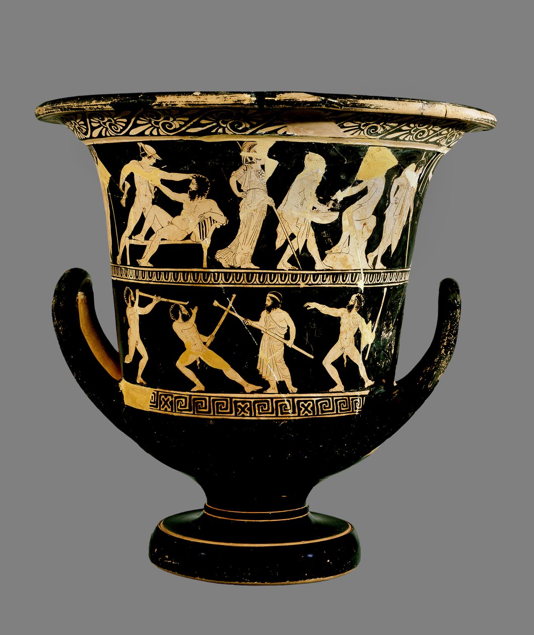 Attic Red-Figure Calyx-Crater with Two Superimposed Image Friezes Showing the Life of Theseus Above and Prometheus, Satyrs and Other Figures Below, 425 BC by Greek