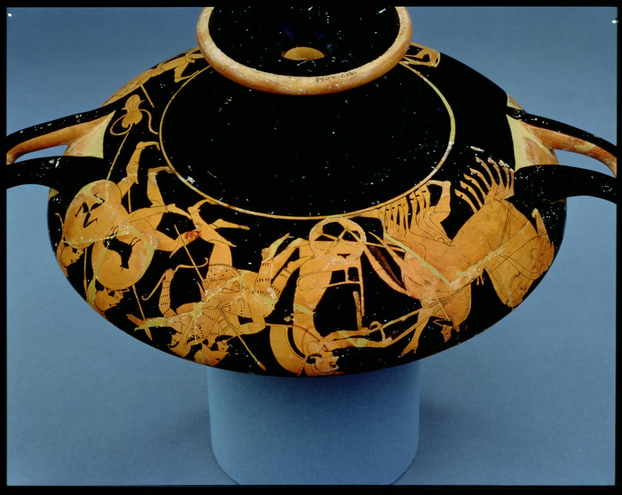 Attic red-figure cup decorated with a charioteer and warriors, by Oltos, c.510 BC by Greek
