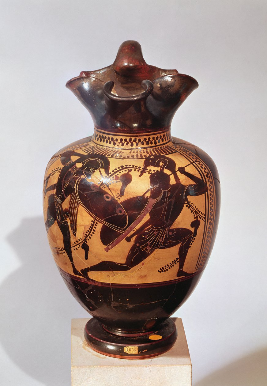 Black-figure oinochoe decorated with warriors, c.530-520 BC by Greek