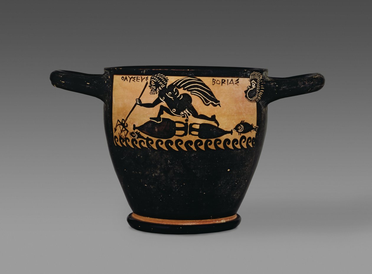 Boeotian Black-Figure Skyphos, Decorated with a Scene of Odysseus Being Blown Across the Sea by Boreas, from the Workshop of the Mystae Painter, Thebes, Boeotia, Late 5th Century BC by Greek
