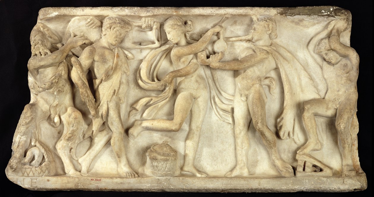 Fragment of a Sarcophagus Depicting Satyrs and a Maenad by Greek