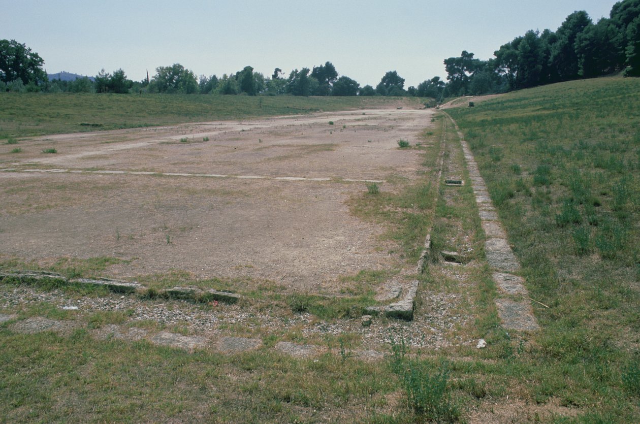 Running track and water channel, providing refreshment for spectators, in the stadium by Greek