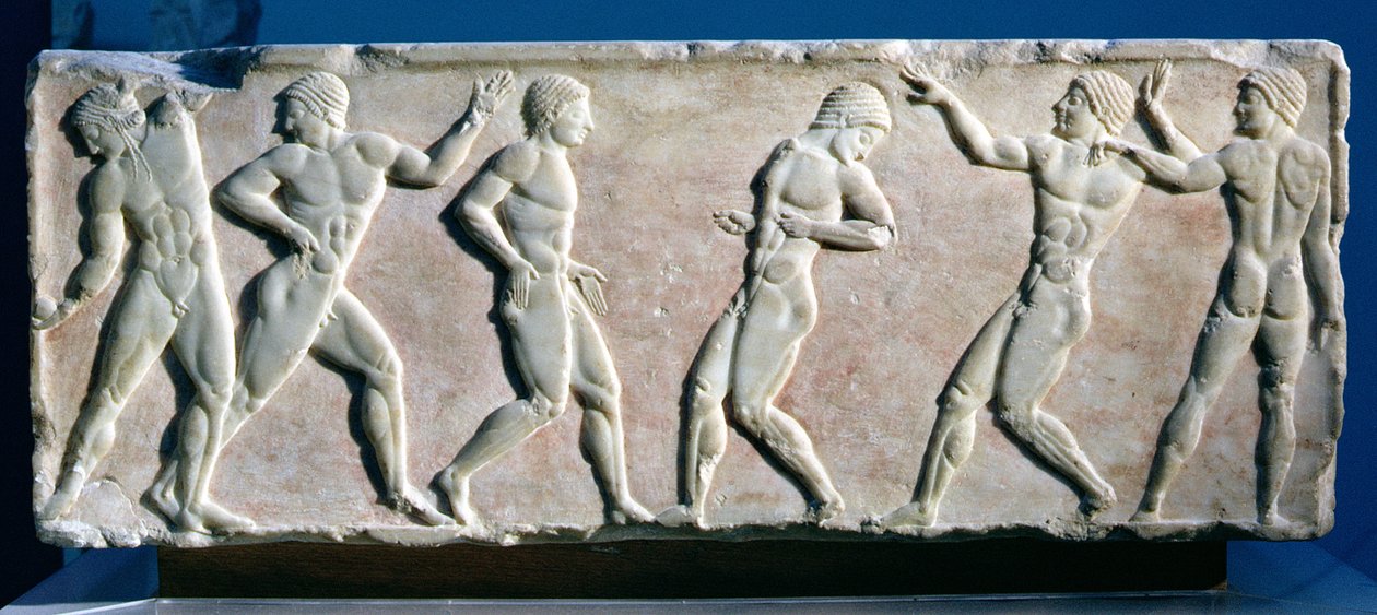 Young men playing a ball game, from a statue base found in the Dipylon Cemetery, Athens by Greek