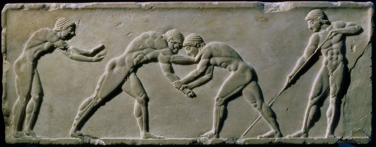 Young men wrestling, from a statue base found in the Dipylon Cemetery, Athens by Greek