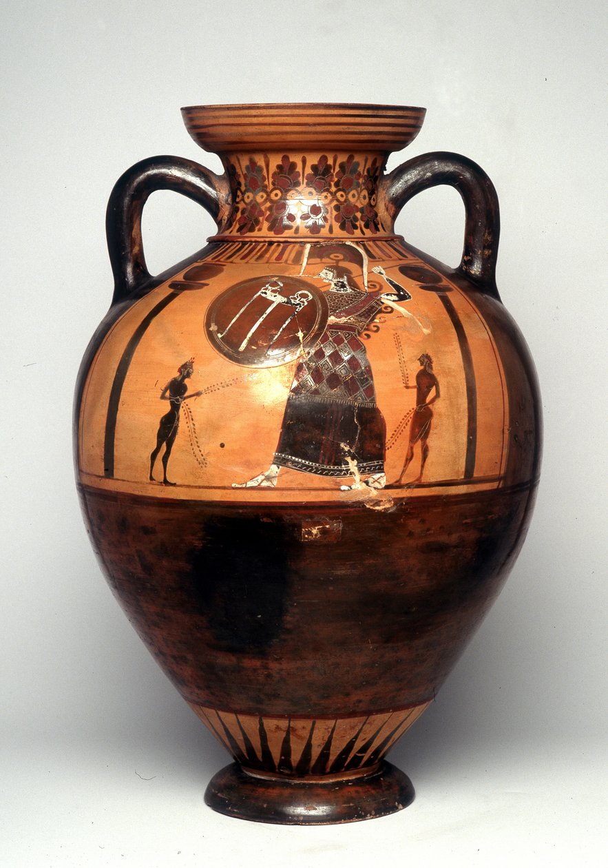 Black Figure Vase Depicting Athena Brandishing a Shield and Spear, 550 BC by Greek