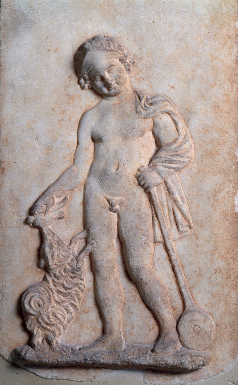 Magna Graecia: Little Boy Playing, Marble Relief, 5th Century BC by Greek
