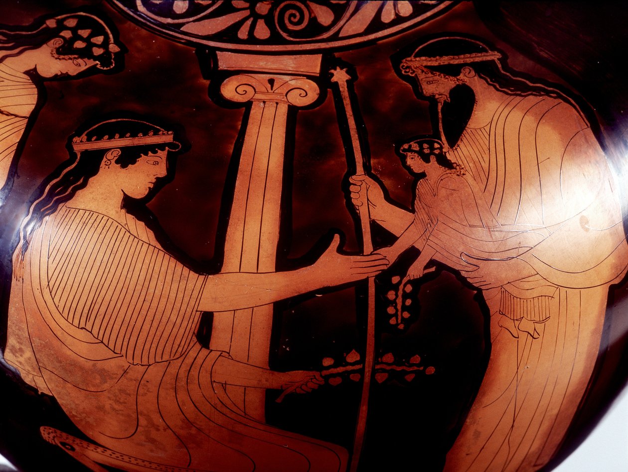 Painting on Vase: Jupiter (Zeus) Presents the Young Dionysus (Bacco) to Two Women. 480 BC. BNF, Medal Office by Greek