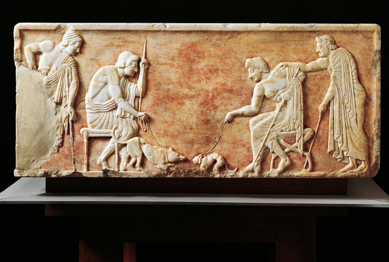 Stele depicting fight between dog and cat, 510 BC by Greek