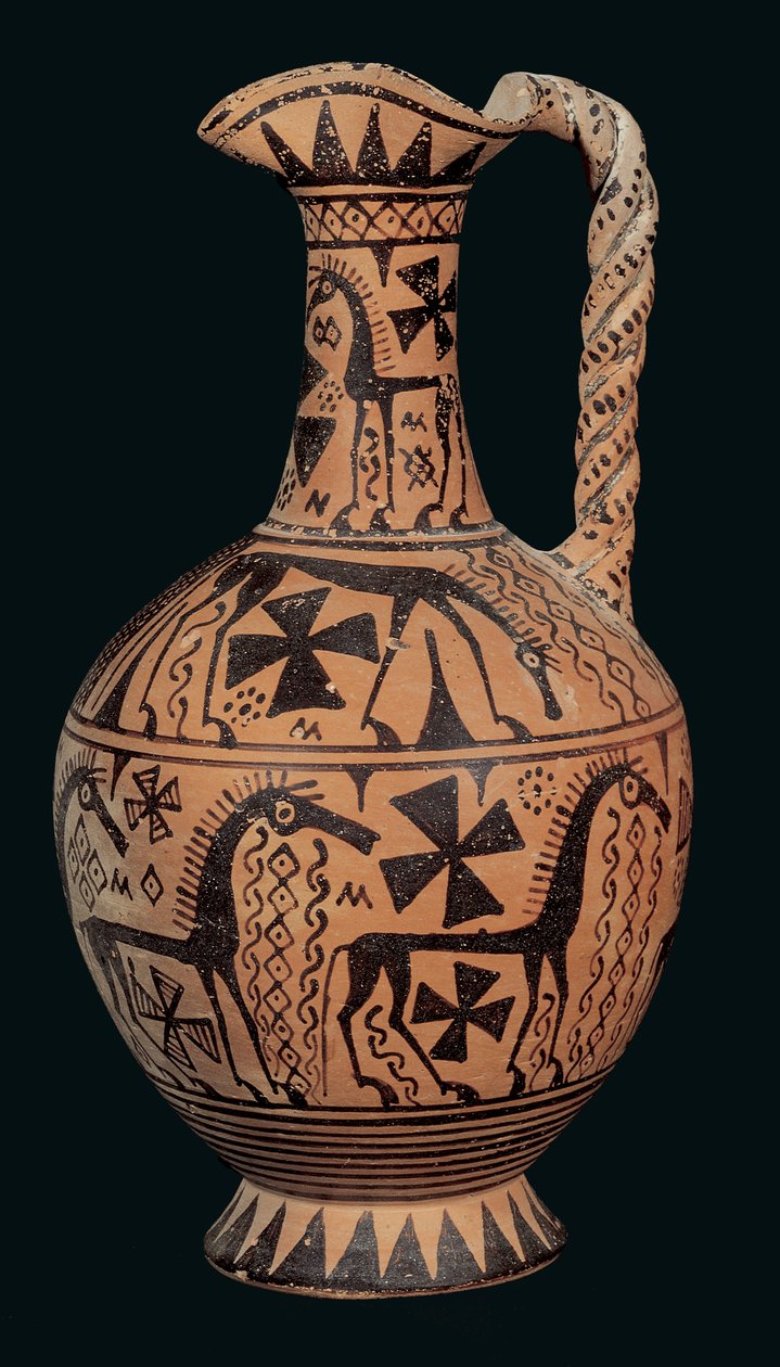 Trefoil-mouth oinochoe decorated with horses, from Skyros, Sporades, Orientalizing Period (675-650 BC) by Greek