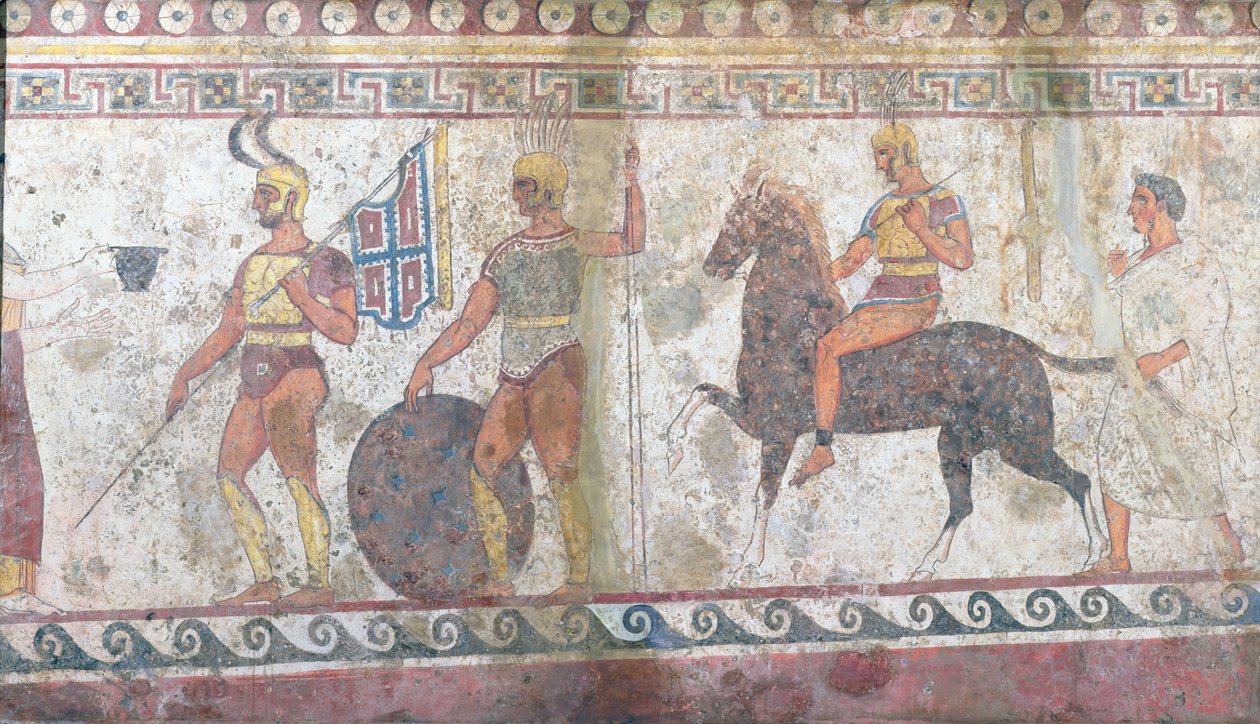 Foot soldiers and cavalry, tomb painting from Paestum by Greek School