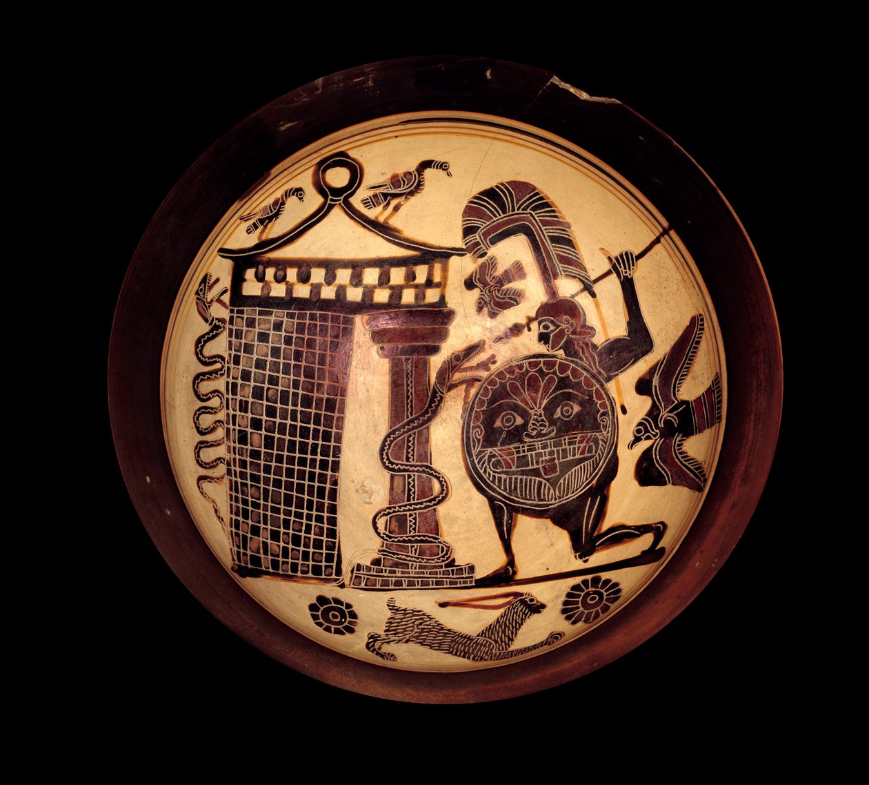 Laconian Cup with Black Figures Representing Cadmos Fighting the Dragon of Thebes or Apollo and the Snake Python by Greek School