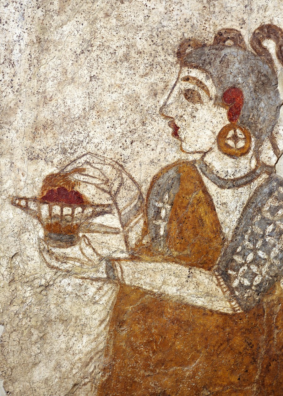Greek civilization, fresco depicting priestess burning incense, from Akrotiri, Thera Island, Santorini, Greece by Greek School