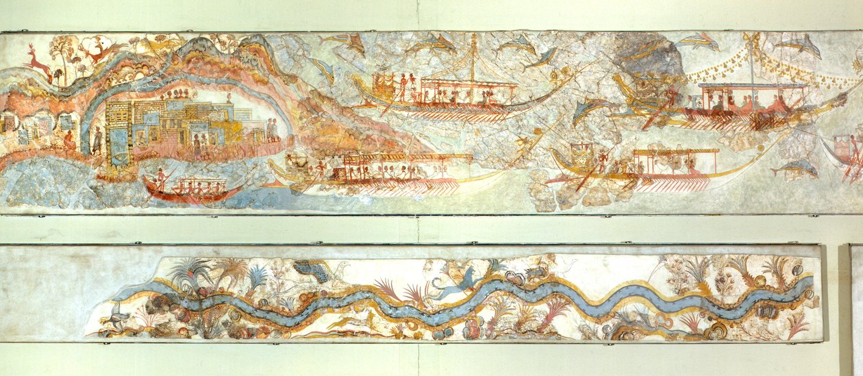 Naval expeditions and river landscape, Akrotiri fresco, Thera (today Santorini), Greece, Minoan Civilization by Greek School